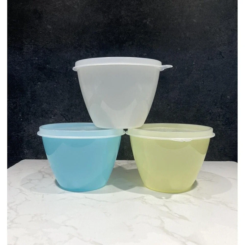 Vtg 60s Tupperware #148‎ Yellow Blue Sheer Refrigerator Container w #215 Lid
